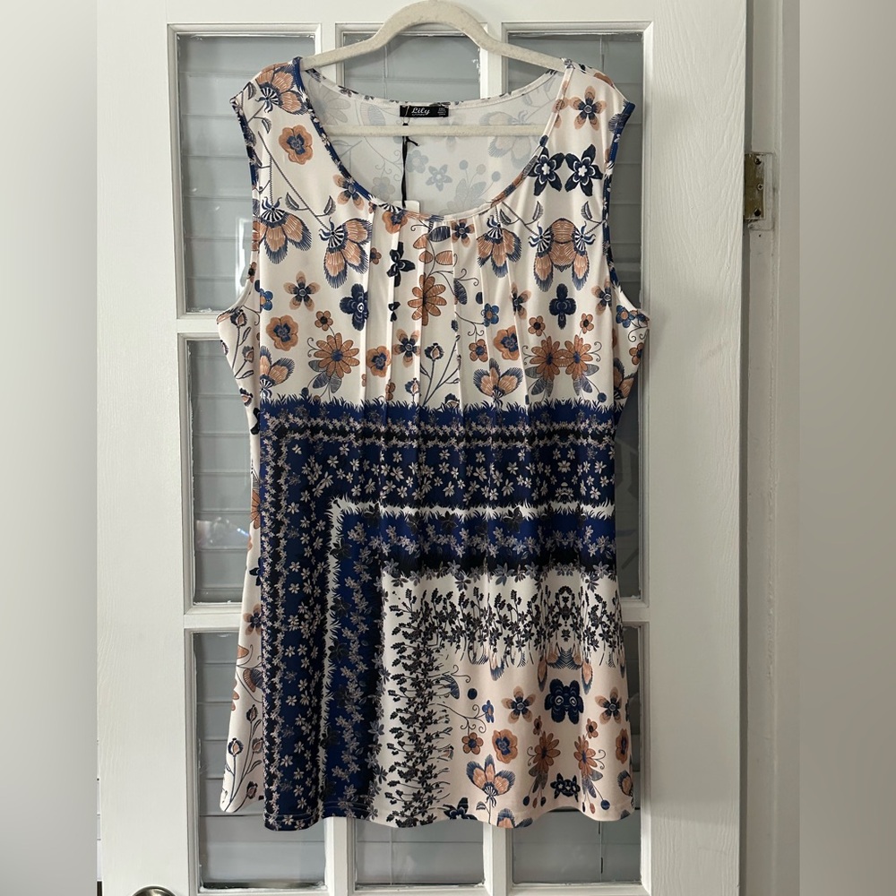 NWT Lily Women’s 2X Blue Brown Floral Pleated Sleeveless Tunic Blouse | SKU 0975